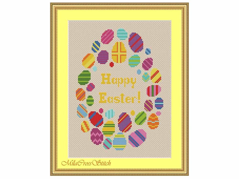 Happy Easter Cross Stitch Pattern – Colorful Eggs – Counted Embroidery ...