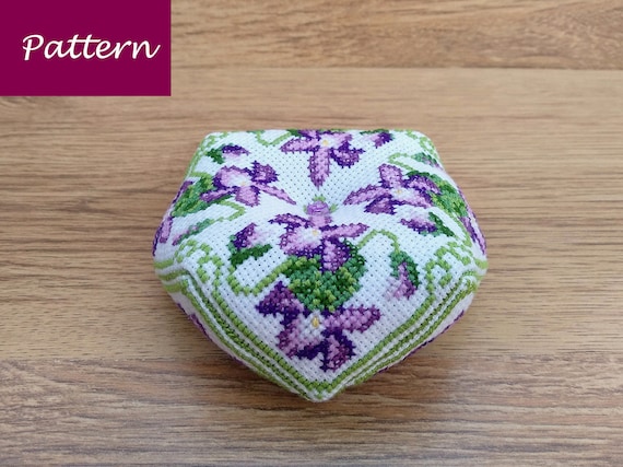 Biscornu with Violet Flower – Easy Counted Cross Stitch Pattern – Digital PDF File