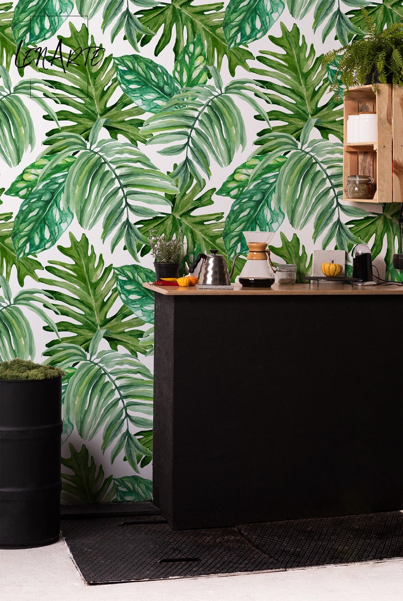 Jungle Leaves Wallpaper Peel and Stick Watercolor Exotic Etsy