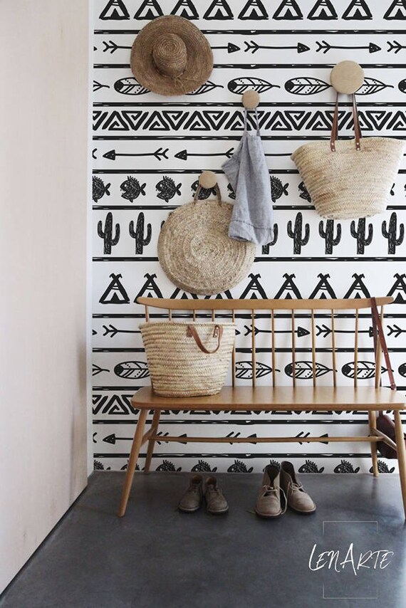 Boho Minimalist Black And White Boho Pattern Removable Wallpaper Wall Decor Wall Covering Wall Decal Wall Mural Sticker 109