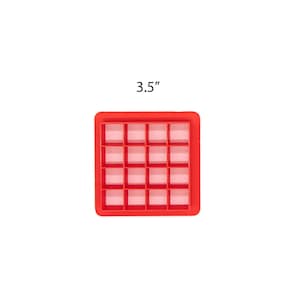 May include: Red silicone ice cube tray with 16 individual cubes. The tray measures 3.5 inches wide.