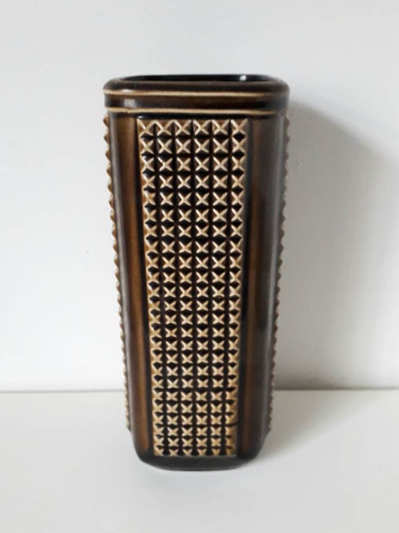 Vintage retro mid century green brown Sylvac X cross design vase pattern 3939 8 inches