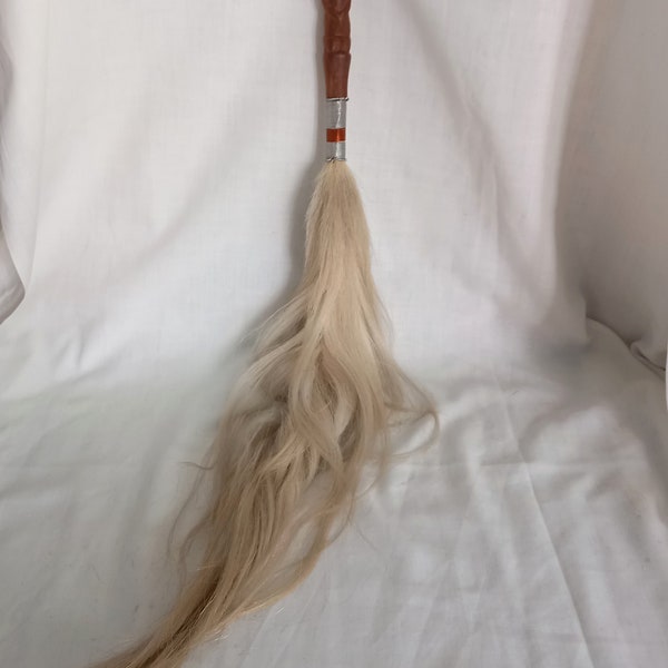 African Ethnic Carved Wood & Blonde Horse Hair Tail Fly Swat