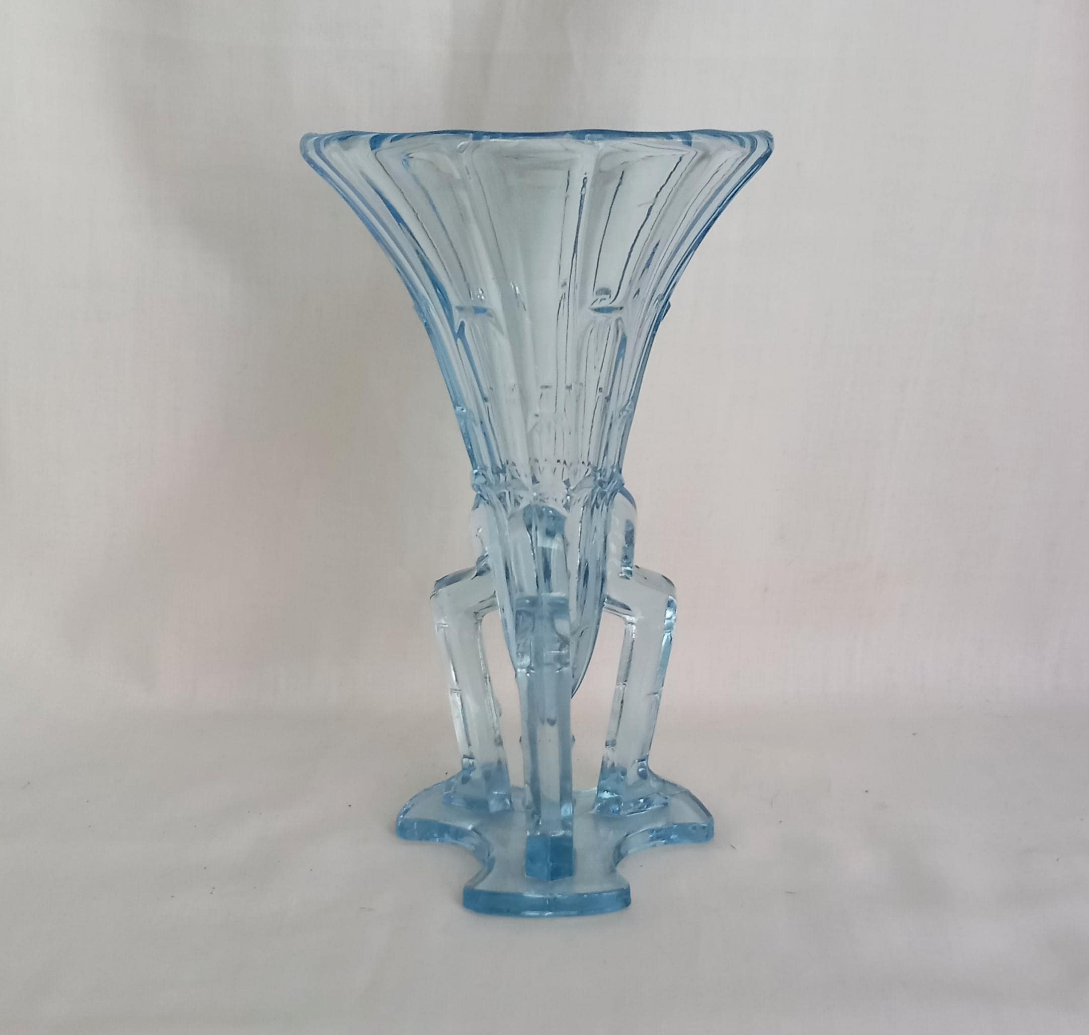 Vintage Czech Art Deco Blue Pressed Glass Rocket Vase 6.5