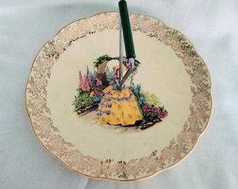 Vintage cake stand plate with crinoline lady design & 22 CT gold decoration