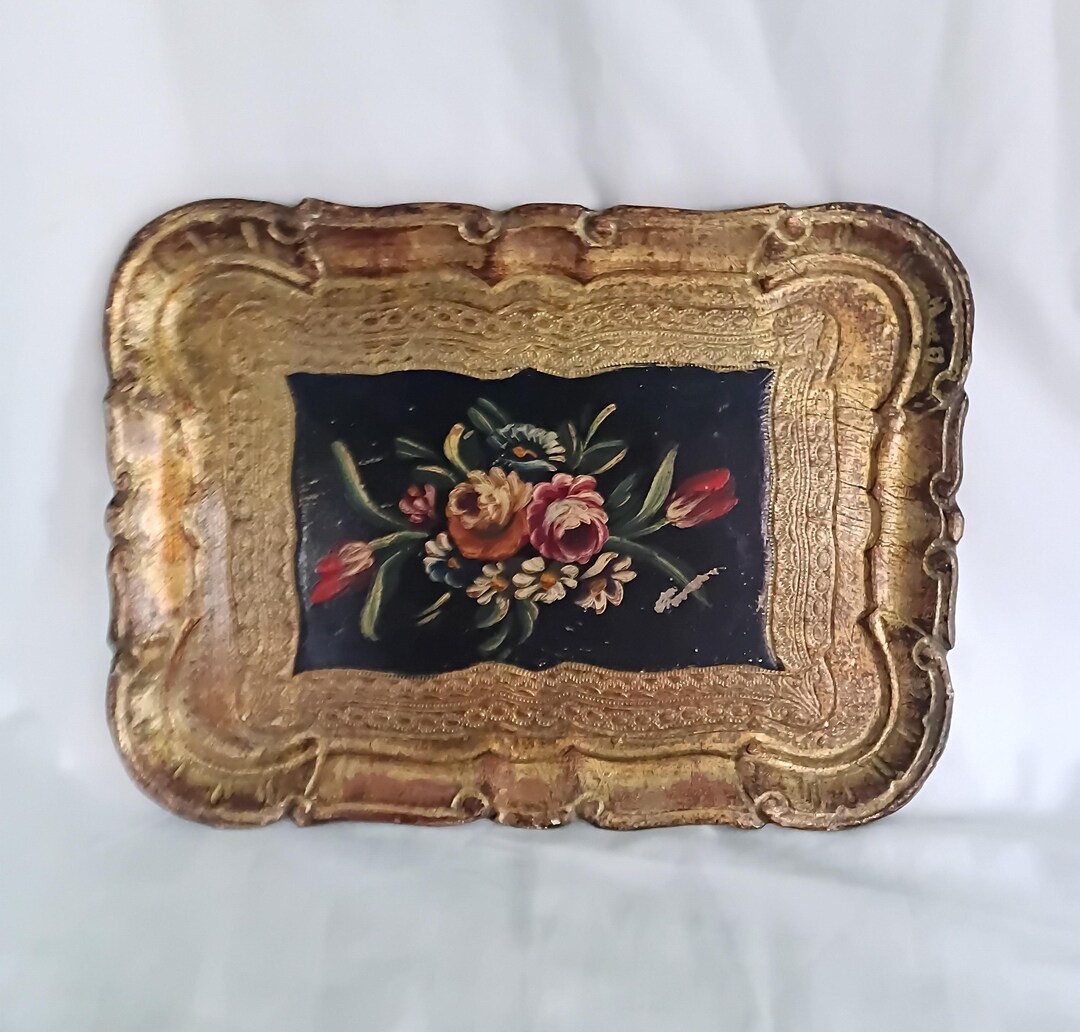 Pretty Vintage Italian Florentine Hand Painted Floral Wood Tray Gold ...