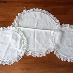 Set Of 3 vintage Edwardian white round cotton doilies with hand Made Lace Edge