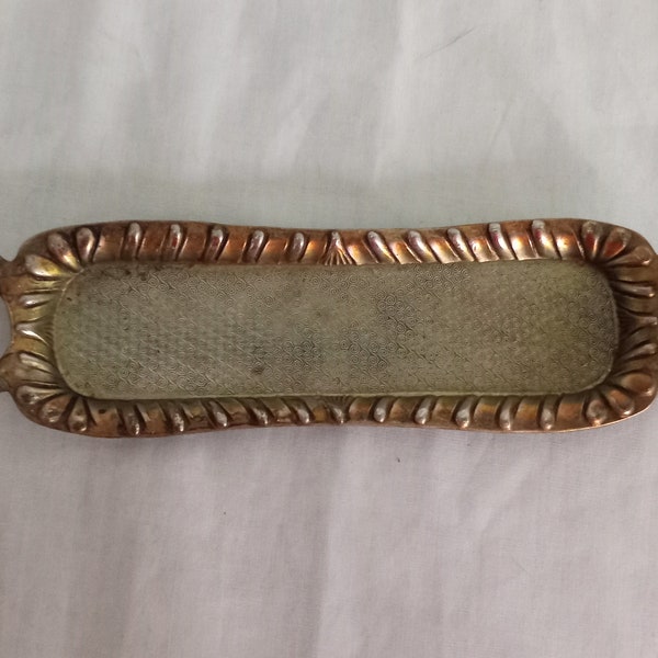 Vintage Brass Plated Miniature Tray 15 X 4.5cm Gold Engine Turned Decoration