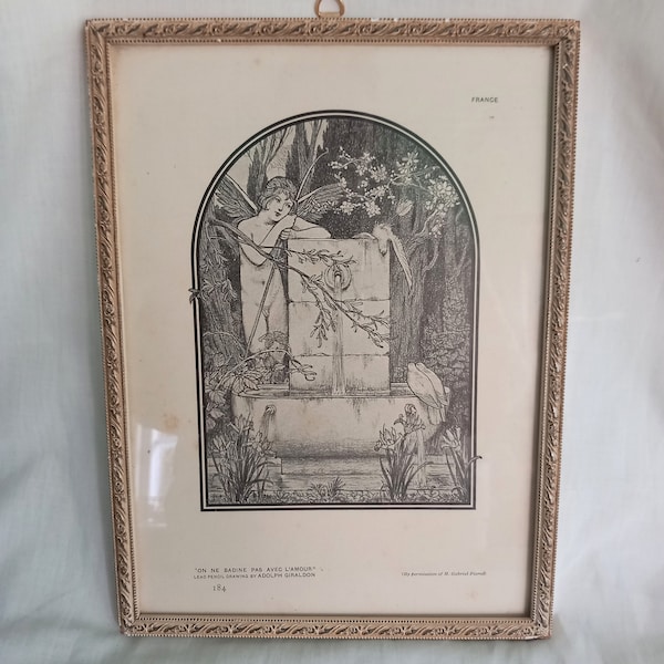 Framed Edwardian Print Of A Drawing By Adolph Giraldon 11.5" Fairy By Fountain