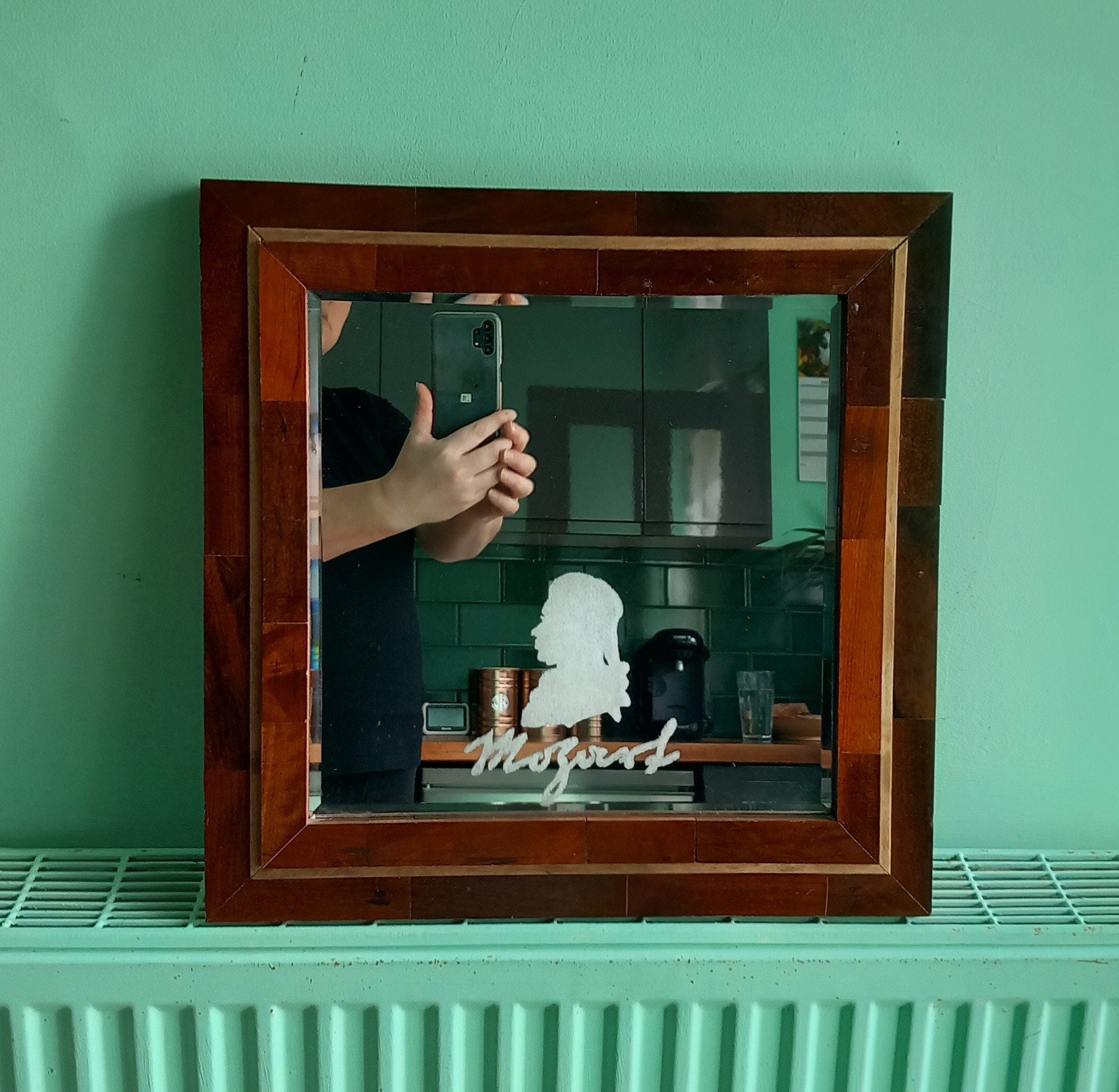Vintage Hand Made Wooden Marquetry Framed Mirror With Mozart 