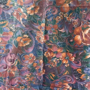 Vintage 1980s Purple Orange Floral Print Cotton Upholstery Fabric Remnant 1.5m