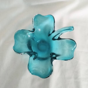 Vintage Murano Turquoise Blue Lucky Shamrock O Four Leaf Clover Bowl Dish 6 &quot;