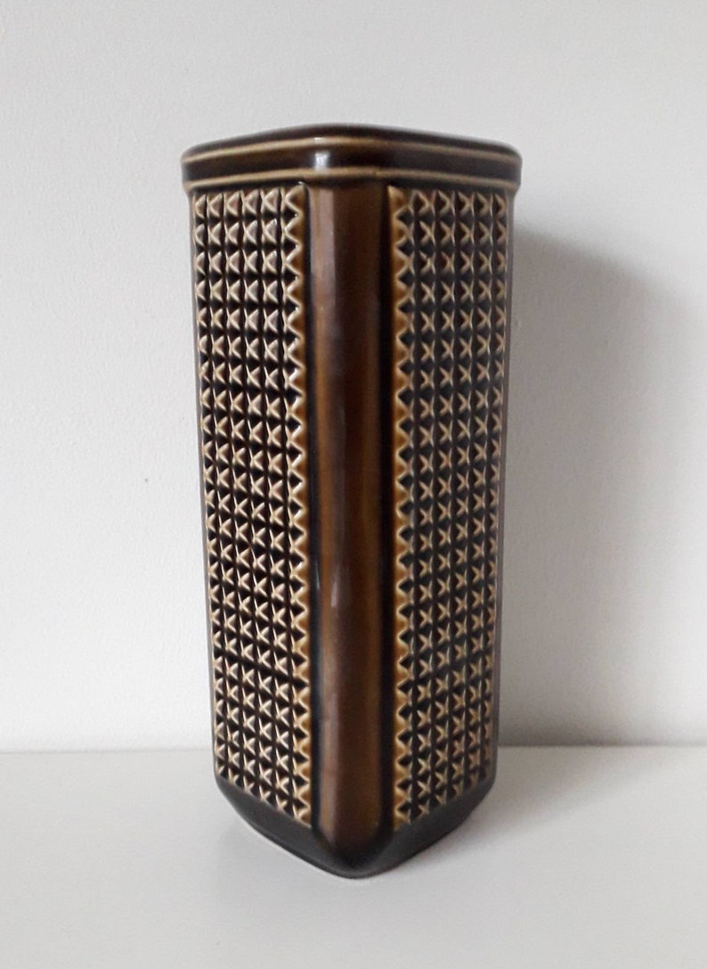 Vintage retro mid century green brown Sylvac X cross design vase pattern 3939 8 inches