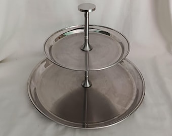 Vintage 1970s silver steel metal cake sandwich serving stand 2 tier plate