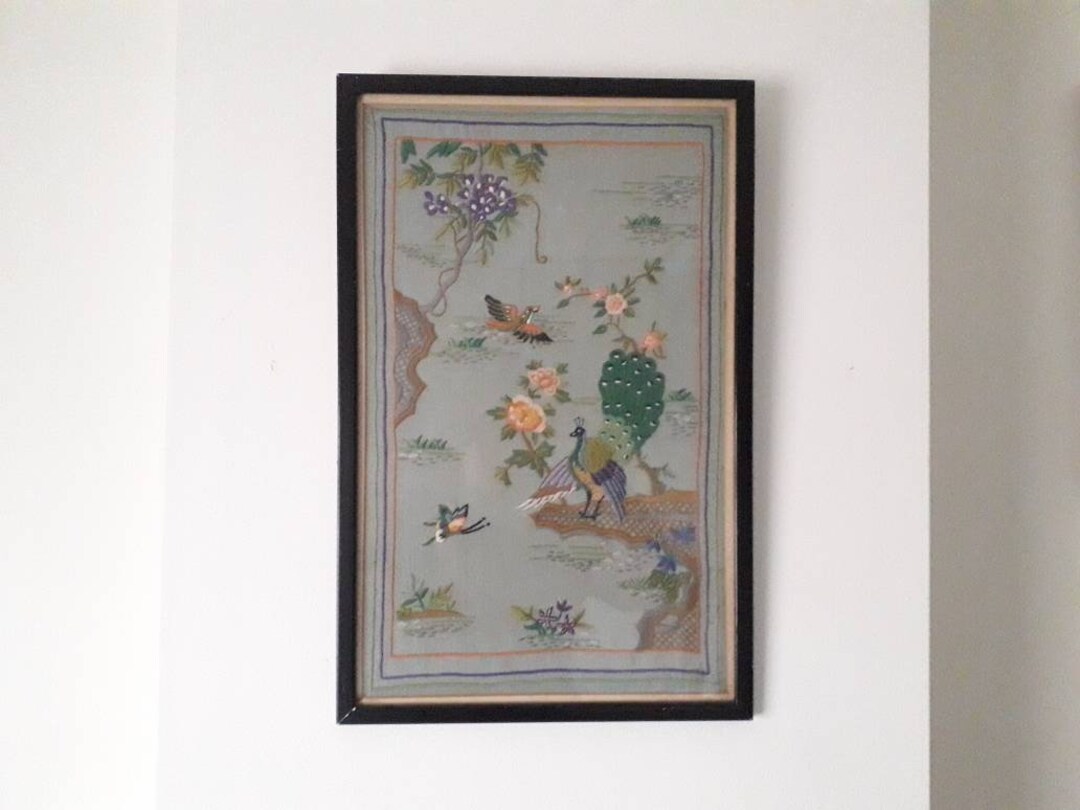 Vintage Chinese Embroidery Wall Panel Picture Blue Peacock Birds