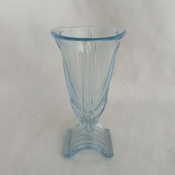Vintage Art Deco Blue Pressed Glass Small Trumpet Vase Bagley Or Similar 4"