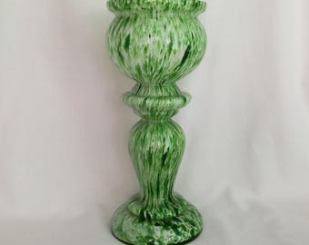 Antique Art Deco Bohemian Czech Franz Weltz Green White Spatter Glass Vase 9.5"