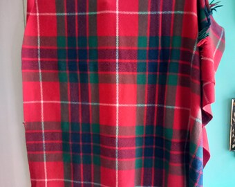 Vintage Tartan All Wool Fringed Blanket Throw 56 X 62" Red Green Check Picnic