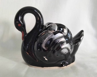 Vintage mid century 1950s black swan planter plant pot vase 6.25"