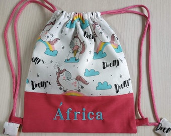 Drawstring backpack, fabric backpack, unicorn backpack, pink backpack, embroidered backpack, personalized backpack, backpack with name, backpack