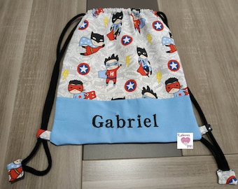 Drawstring backpack, fabric backpack, superhero backpack, blue backpack, red backpack, personalized backpack, backpack with name, children's backpack