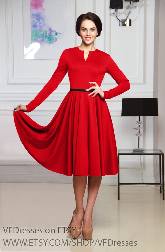 Lassige Midi Kleid Rotes Kleid Jersey Kleid Langarm Kleid Etsy