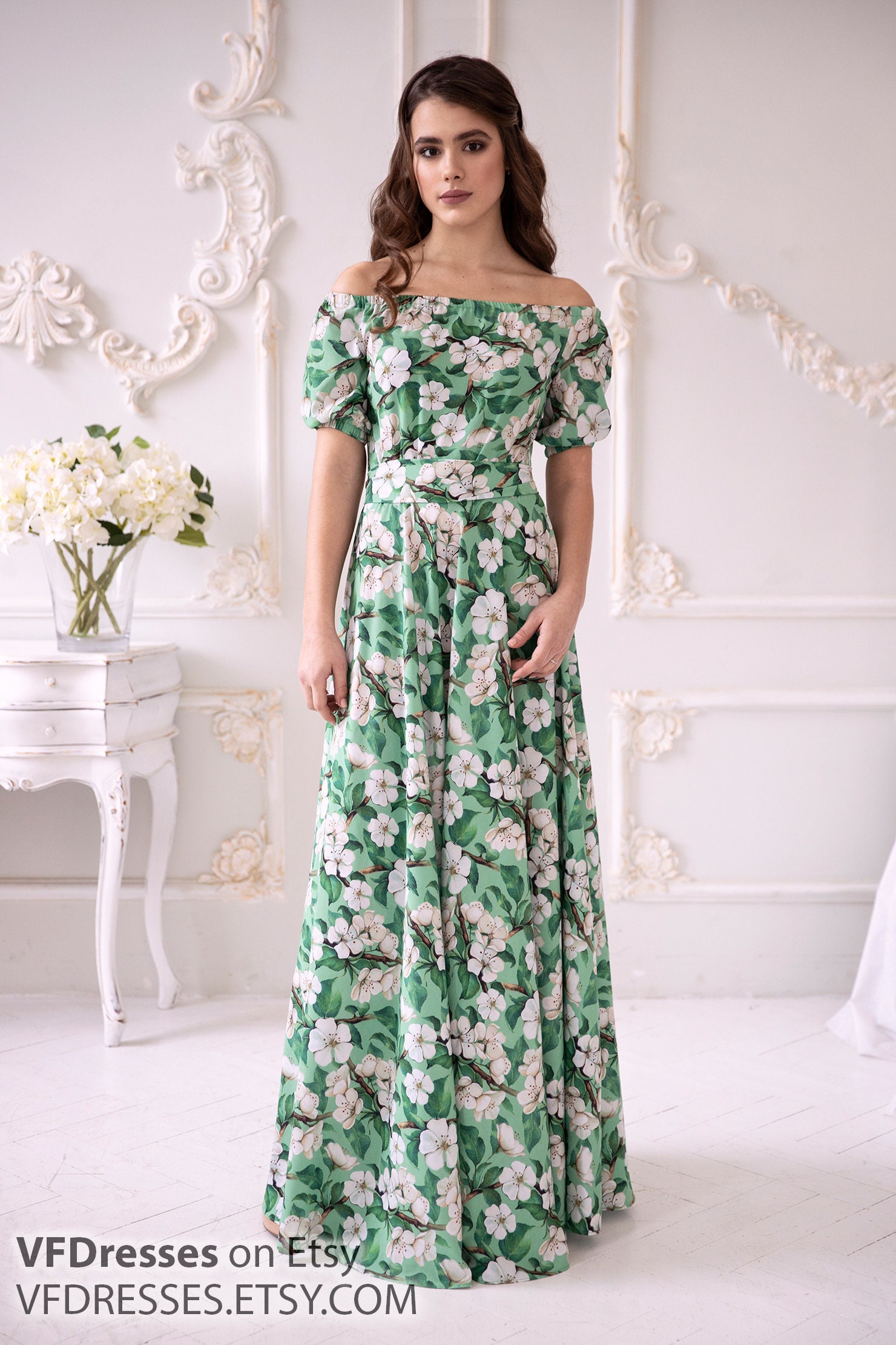 green floral off the shoulder dress