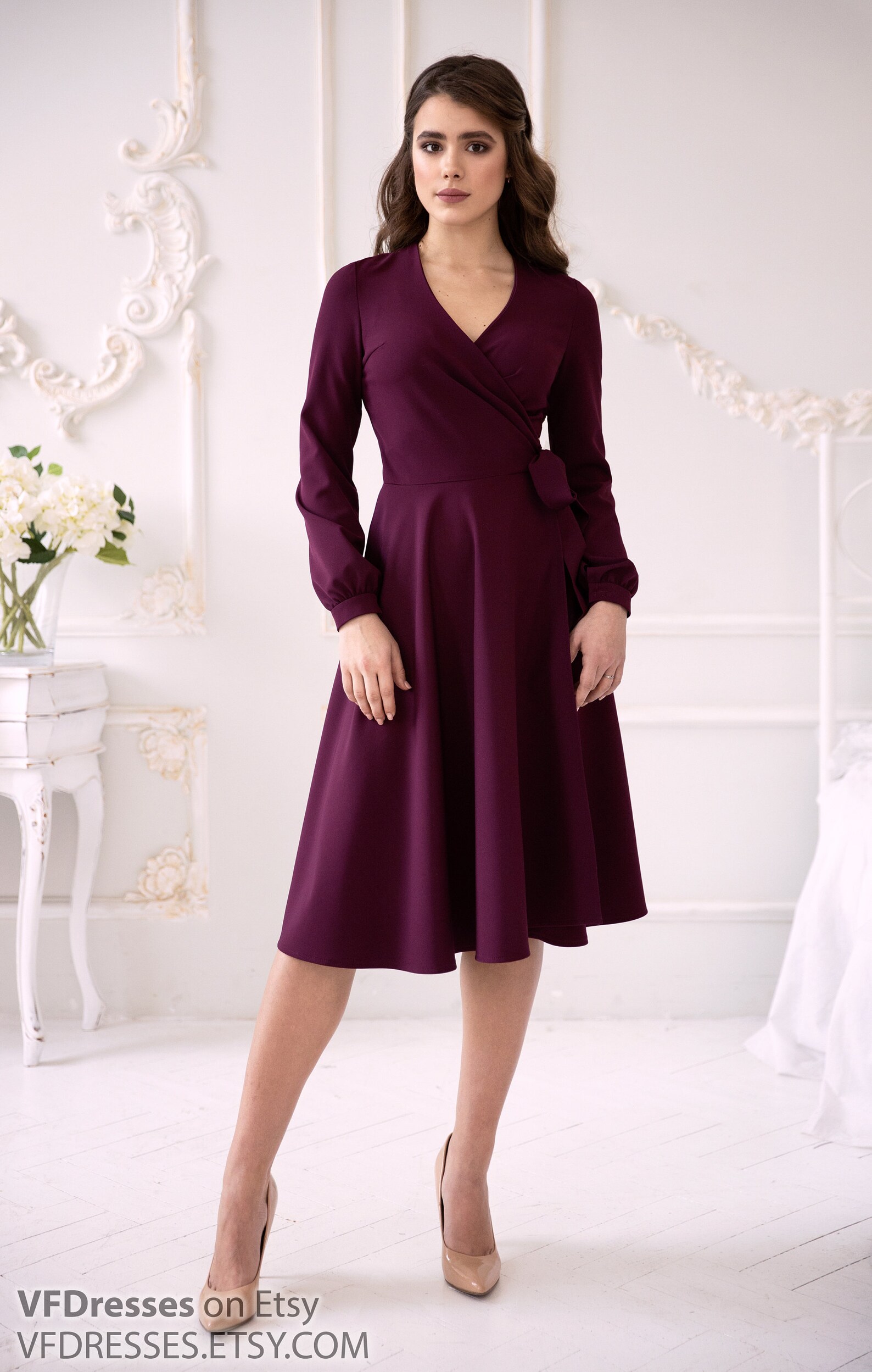Burgundy summer dress in wrap style summer midi dress casual | Etsy