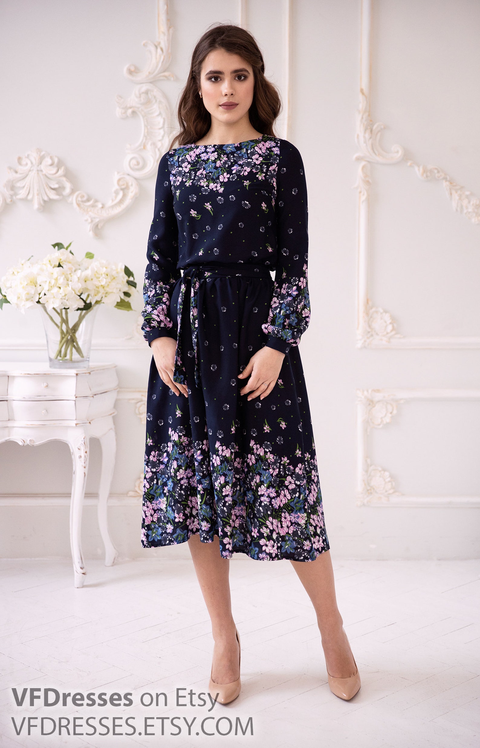 Dark blue summer dress summer midi dress floral dress with | Etsy