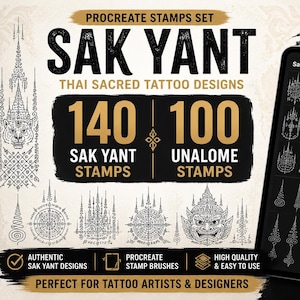 Peut inclure: Ensemble de tampons numériques Procreate avec 140 Sak Yant et 100 motifs de tatouages sacrés thaïlandais Unalome. L'image montre une tablette affichant les tampons, avec le texte "240 TAMPS AU TOTAL".