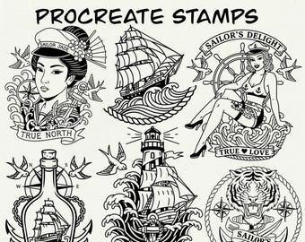 280 sellos de tatuajes marineros para Procreate / Diseños náuticos clásicos (descarga digital)