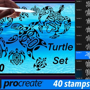 May include: A digital illustration of a set of 40 turtle stamps for the Procreate app. The stamps feature a variety of turtle designs in black and white, with a blue and white ocean background. The text "Turtle Set" and "40 stamps" is visible on the image.