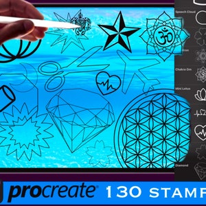 May include: A digital illustration of 130 black and white stamps for the Procreate app. The stamps include geometric shapes, symbols, and designs. The stamps are displayed on a blue background with a water ripple effect.