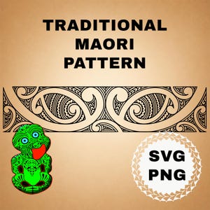 May include: A digital graphic featuring the text TRADITIONAL MAORI PATTERN above a black and white linear scroll design. Below is a green tiki figure with blue eyes and a red tongue, alongside a circular badge containing the text SVG PNG.