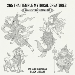 Könnte beinhalten: Schwarz-Weiß-Illustrationen thailändischer Tempel-Fabelwesen. Das Bild zeigt einen Krieger, eine Meerjungfrau, ein elefantenähnliches Wesen und eine froschartige Figur. Der Text oben lautet "265 Thai Temple Mythical Creatures Procreate Brush Stamp Set".