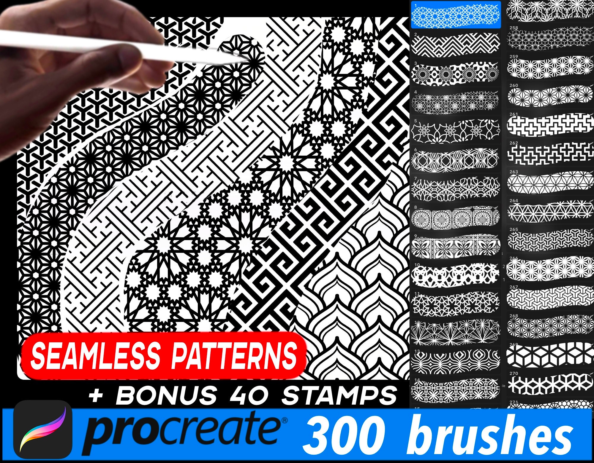 300 pinceles de patrones geométricos sin costuras para Procreate + 40 sellos de bonificación