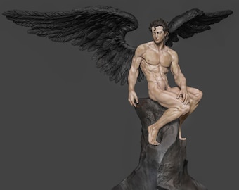 May include: A sculpture of a nude male figure with large black wings, seated on a dark, textured rock formation. The figure has detailed musculature and a contemplative expression. The wings are spread, adding to the dramatic pose.