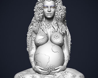 May include: A white sculpture of a seated woman with long, flowing hair adorned with leaves and flowers. The woman's pregnant belly is a globe, and her body is decorated with floral patterns. The sculpture is set against a dark blue background.