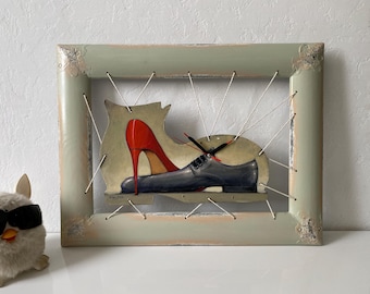Unique Wooden Wall Clock with Red & Black Shoes: Handmade Art Clock