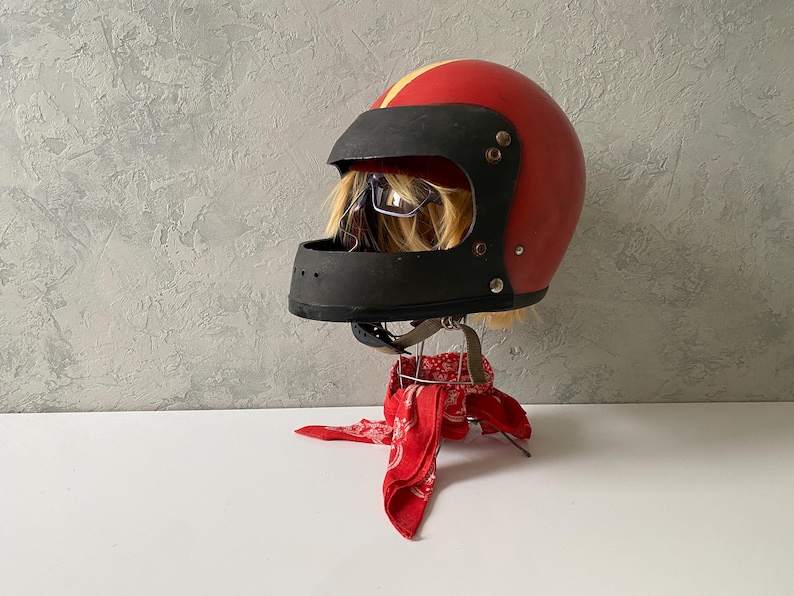 Vintage Motorcycle helmet, red safety helmet, vintage helmet, garage decor image 12