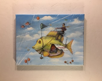 Small painting,flying fish, fabulous yellow fish,acrylic painting canvas,wallart,painting for children's room.