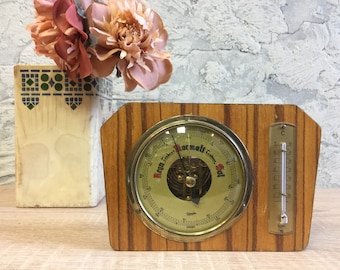 Vintage houten bureaublad barometer hygrometer thermometer weerstation