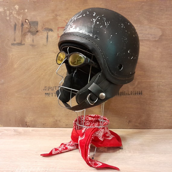 Vintage motorcycle helmet, black safety helmet, v… - image 1