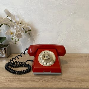 Telephone landline vintage, red telephone, decor.