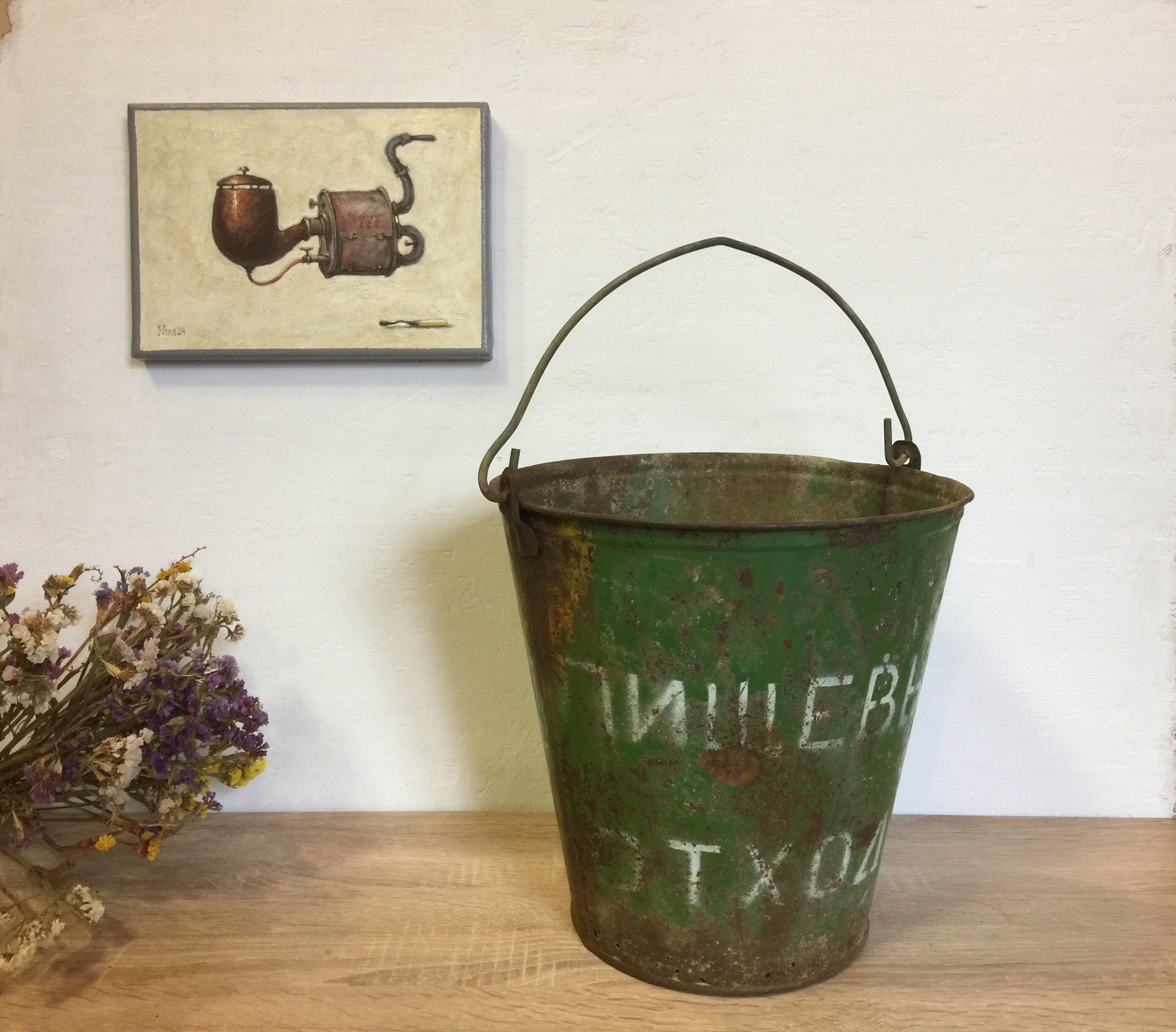 Vintage bucket,green old pail,vintage tin bucket,large tin can,metal bucket,retro tin pail,kitcher dekor
