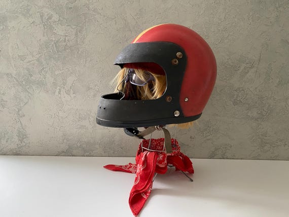 Vintage Motorcycle helmet, red safety helmet, vintage helmet, garage decor