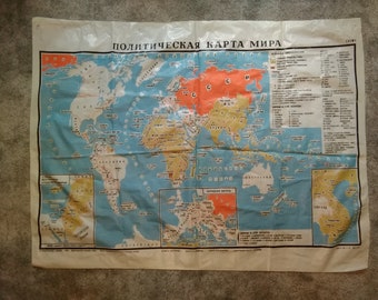 Large map, political map of the world,vintage, study guide on oilcloth