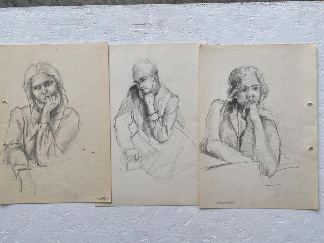 Vintage Female Figure Pencil Drawing Set: Minimalist Art - Etsy