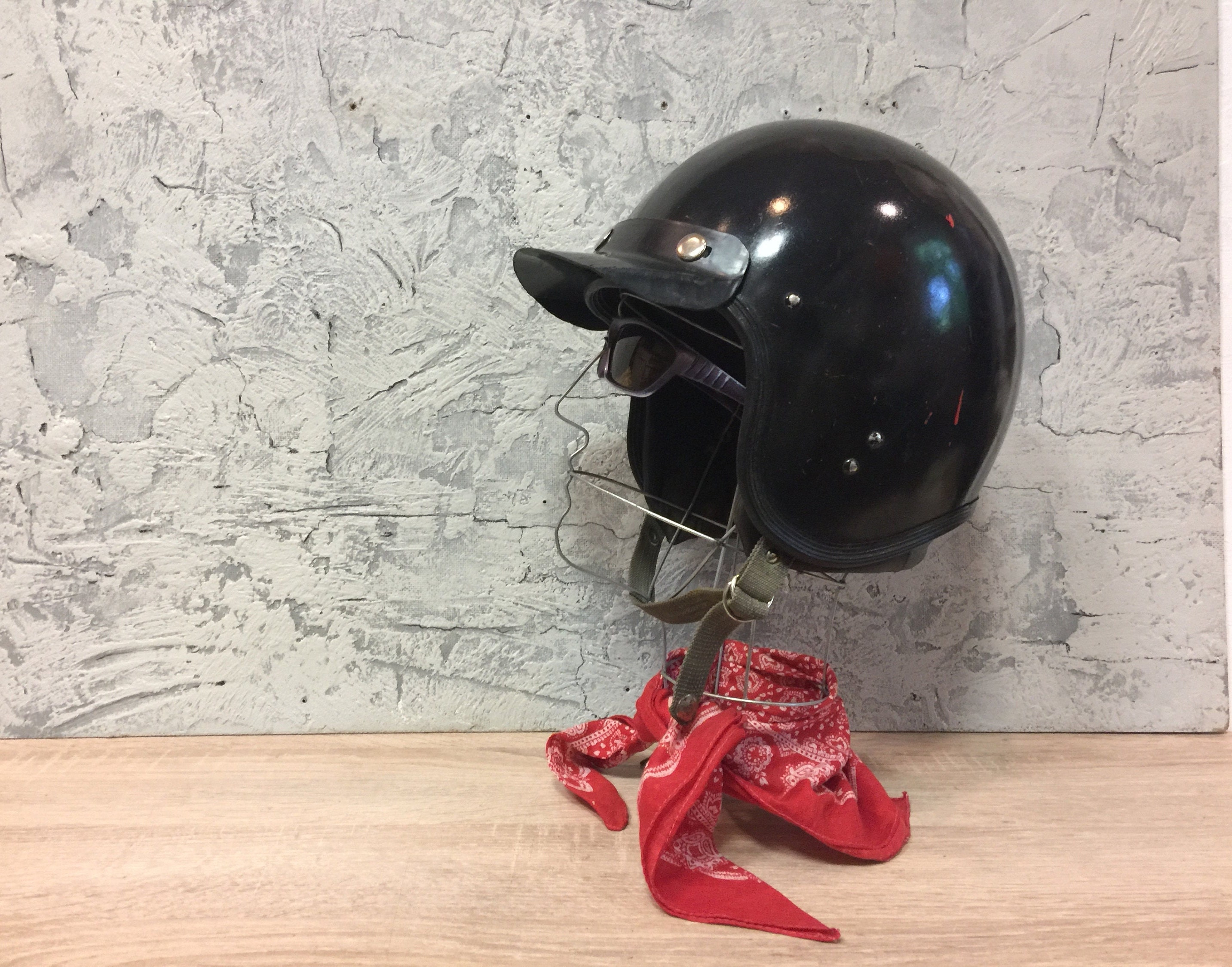 Vintage Motorcycle Helmet, Black Safety Helmet, Vintage