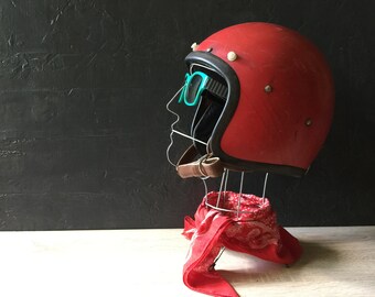 Vintage Motorcycle helmet, red safety helmet, vintage helmet, garage decor